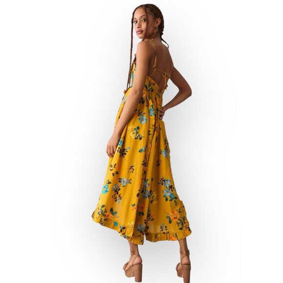 Anthropologie Maeve Midi Maxi High-Low Ruffle Dress, gold yellow Floral sundress - Picture 4 of 15